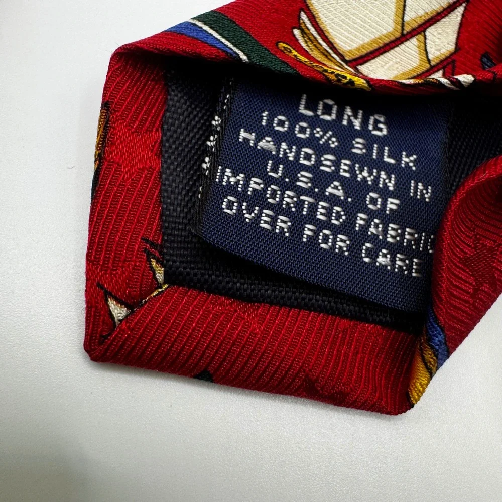 Lands End Mens Red Sailboat Nautical Silk Tie Vintage USA Luxury Designer